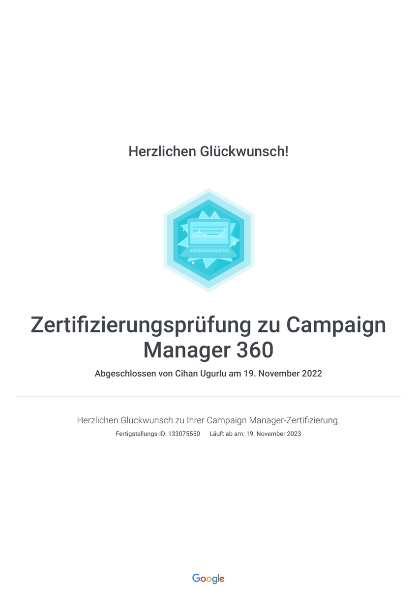 Elcommerce Google Zertifizierungsprüfung zu Campaign Manager 360, Deutschland Google Marketing Hilfe