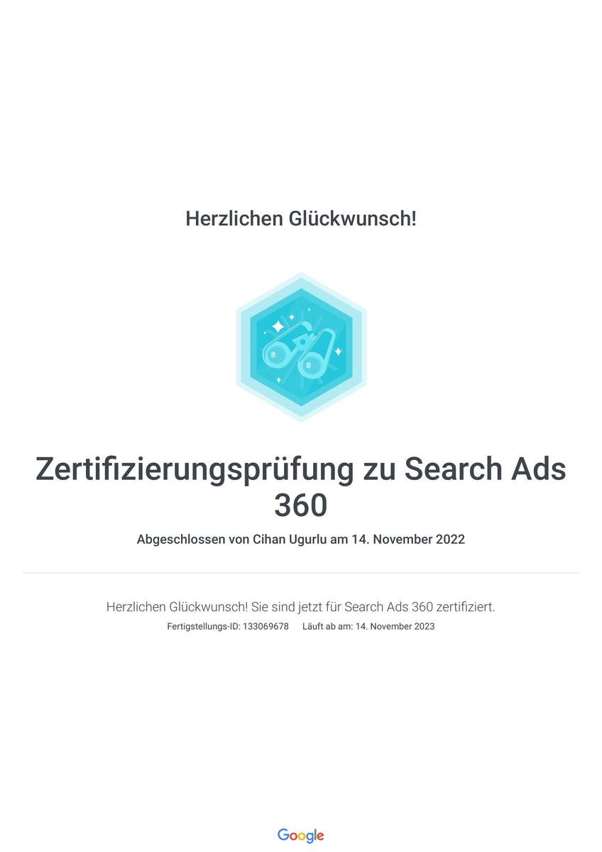 Elcommerce Google Zertifizierungsprüfung zu Search Ads 360, Exklusiv Google Ads & Marketing B2B Agentur