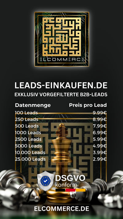 Leads Generieren - B2B Leads kaufen - 30 Gratis B2B Leads als kostenlose Datenprobe - B2B-Leads-kaufen.de - Preisliste Elcommerce - Datensatz Menge und Preis pro Lead 